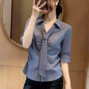 Tie Front Striped Short Sleeve Blouse