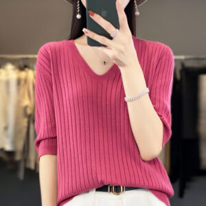 Ribbed V-Neck Short Sleeve Knit Top