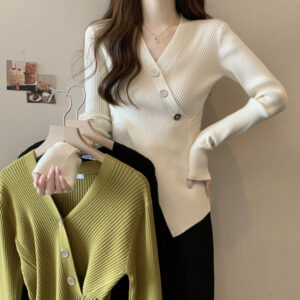 Asymmetric V-Neck Ribbed Knit Cardigan