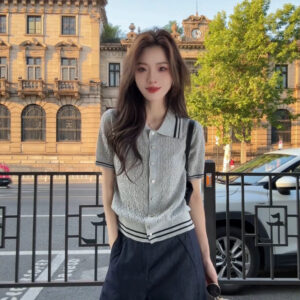 Openwork Polo Short Sleeve Knit Top