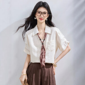 Scarf-Tie Short Sleeve V-Neck Blouse