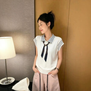 Striped Scarf Polo Knit Top