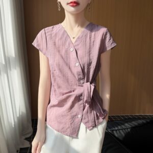 Tie-Waist V-Neck Short Sleeve Blouse